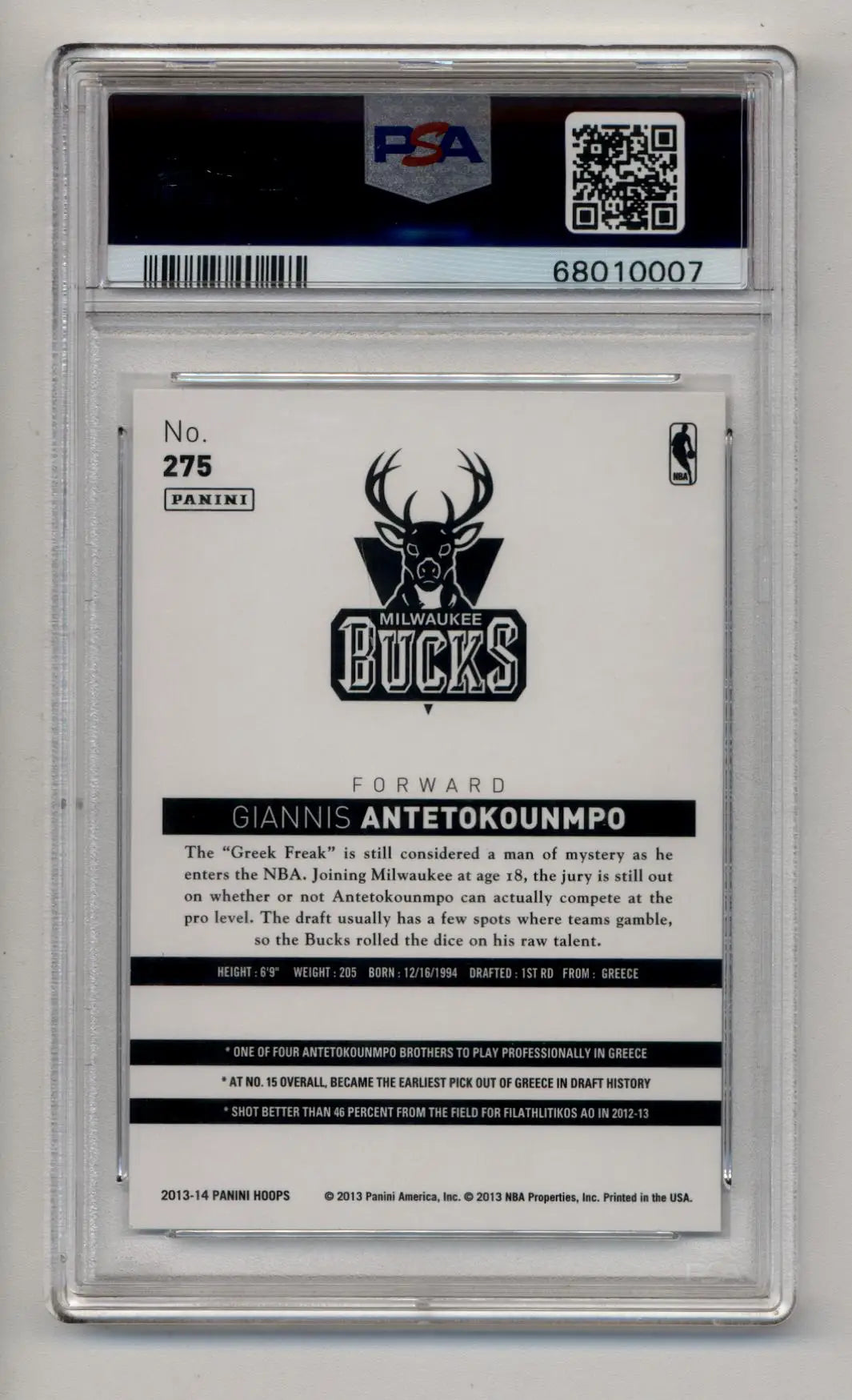 PSA-graded Giannis Antetokounmpo trading card in Gem Mint condition from 2013-14 Hoops