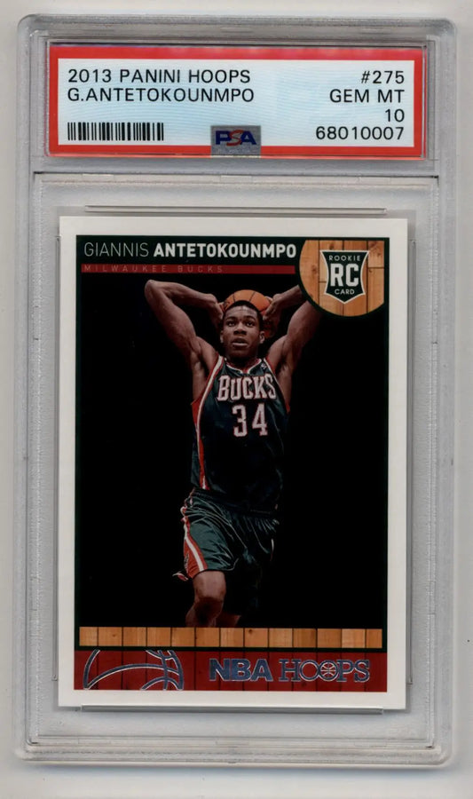 PSA-graded Giannis Antetokounmpo 2013-14 Hoops Gem Mint rookie trading card in case