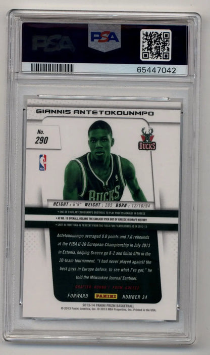 PSA-graded Giannis Antetokounmpo 2013-14 Panini Prizm Rookie in protective case