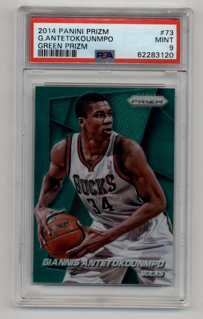 PSA-graded Giannis Antetokounmpo 2014-15 Prizm Green trading card in protective case