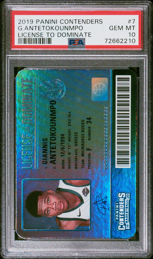 Giannis Antetokounmpo 2019 Contenders License to Dominate PSA 10 card with blue background