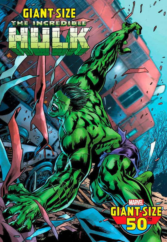 Green muscular Incredible Hulk leaps through debris, featured on Giant-Size Hulk #1 trading card