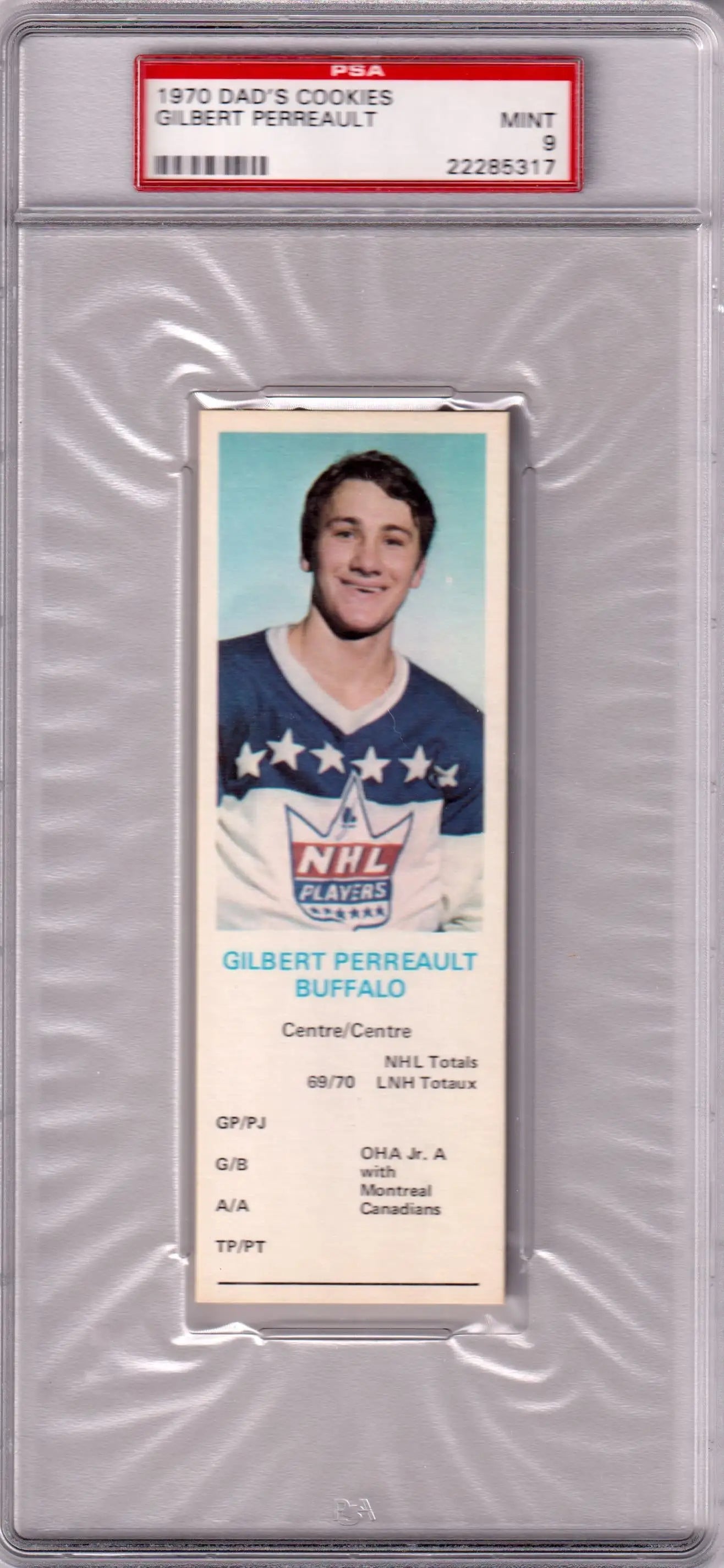 PSA-graded Gilbert Perreault 1970 Dad’s Cookies trading card in blue and white jersey