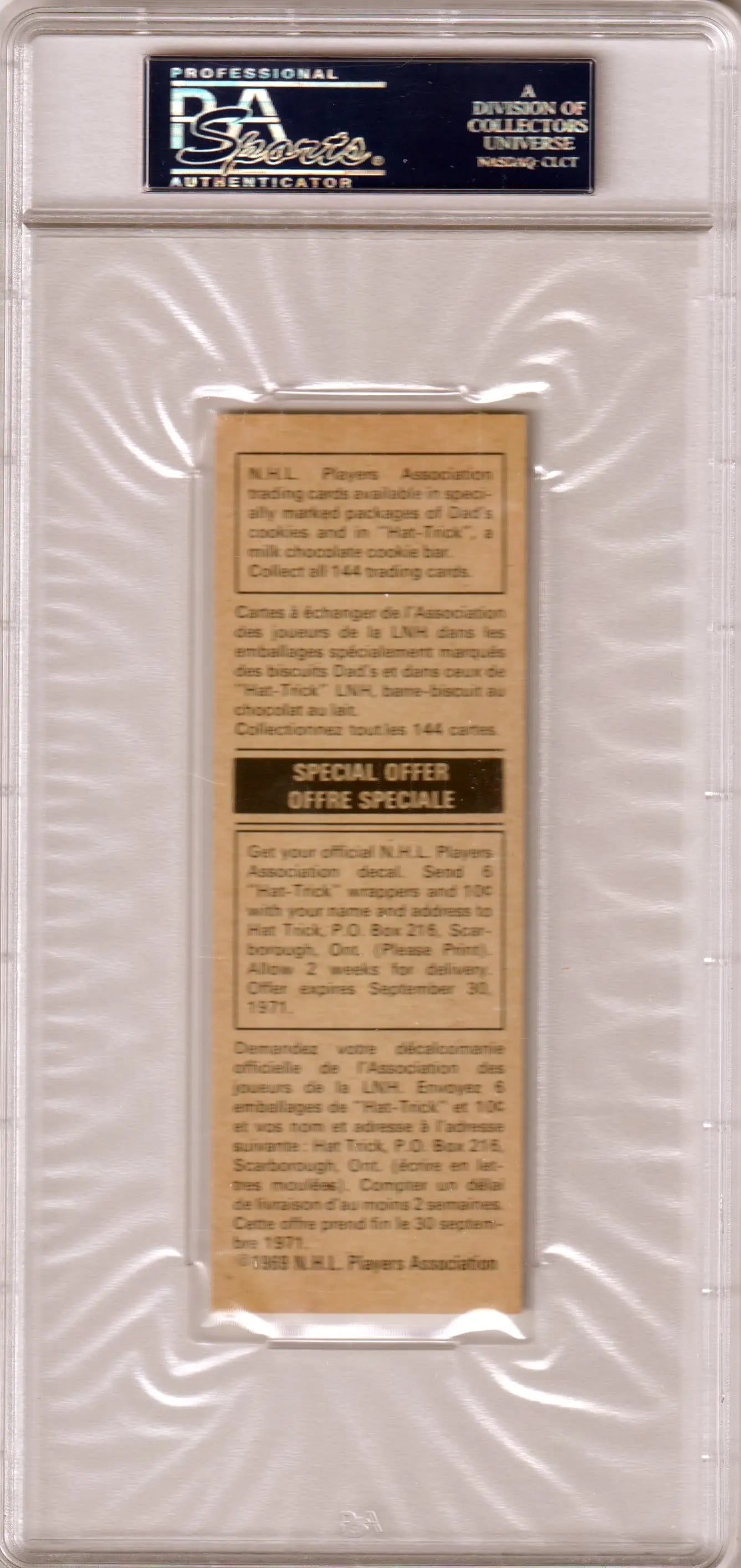 Vintage newspaper clipping of Gilbert Perreault in protective sleeve for trading cards