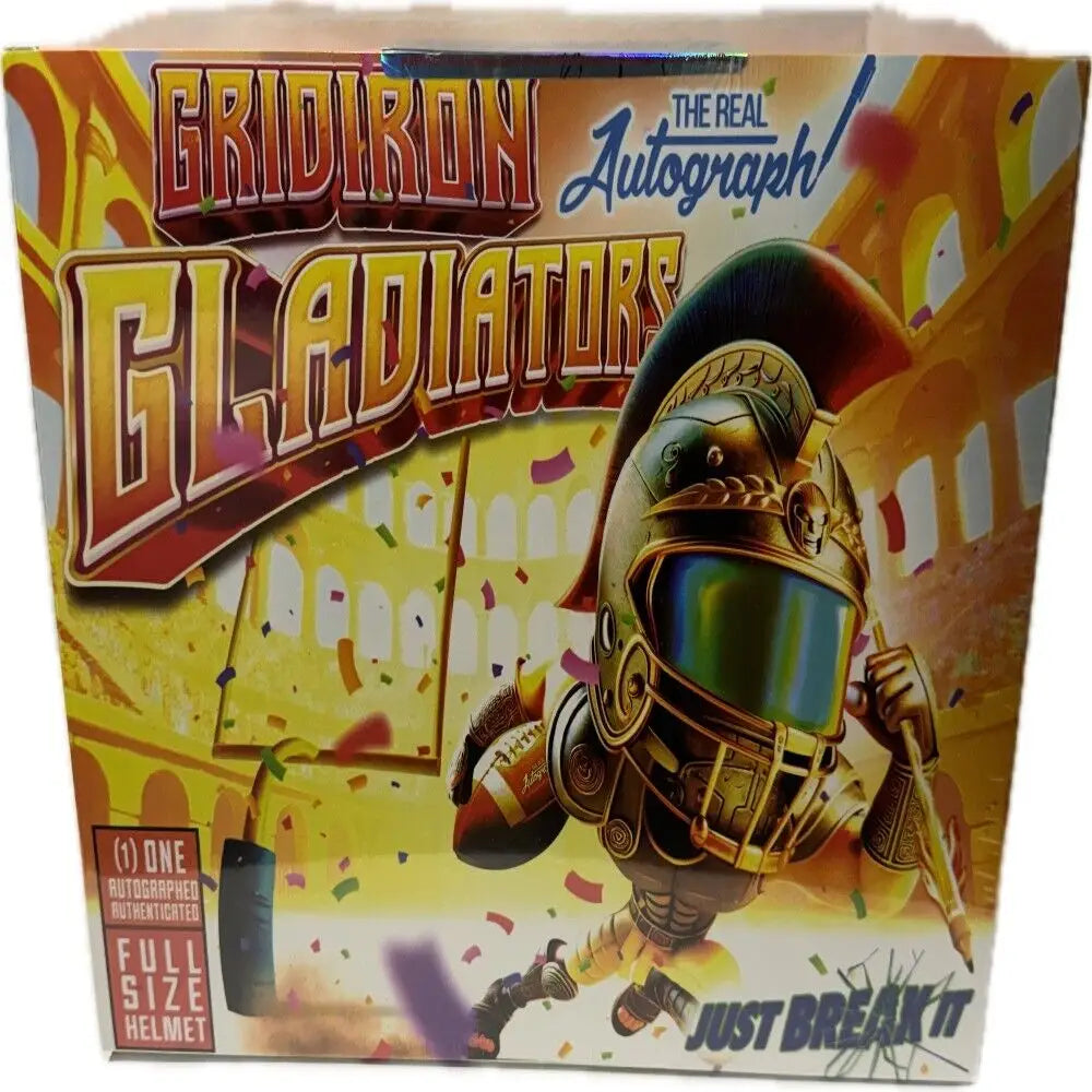 Gridiron Gladiators box featuring Gladiator Mystery Football Replica Full Size Helmet with real autograph