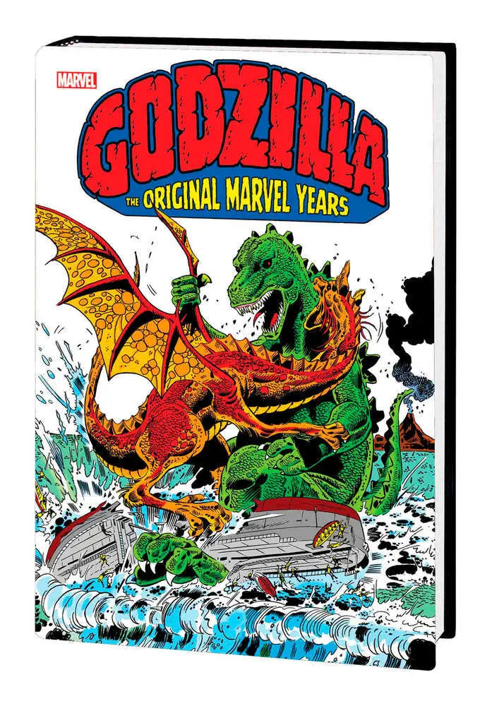 Comic book cover of Godzilla vs red dragon in waves, featured in Godzilla trading cards