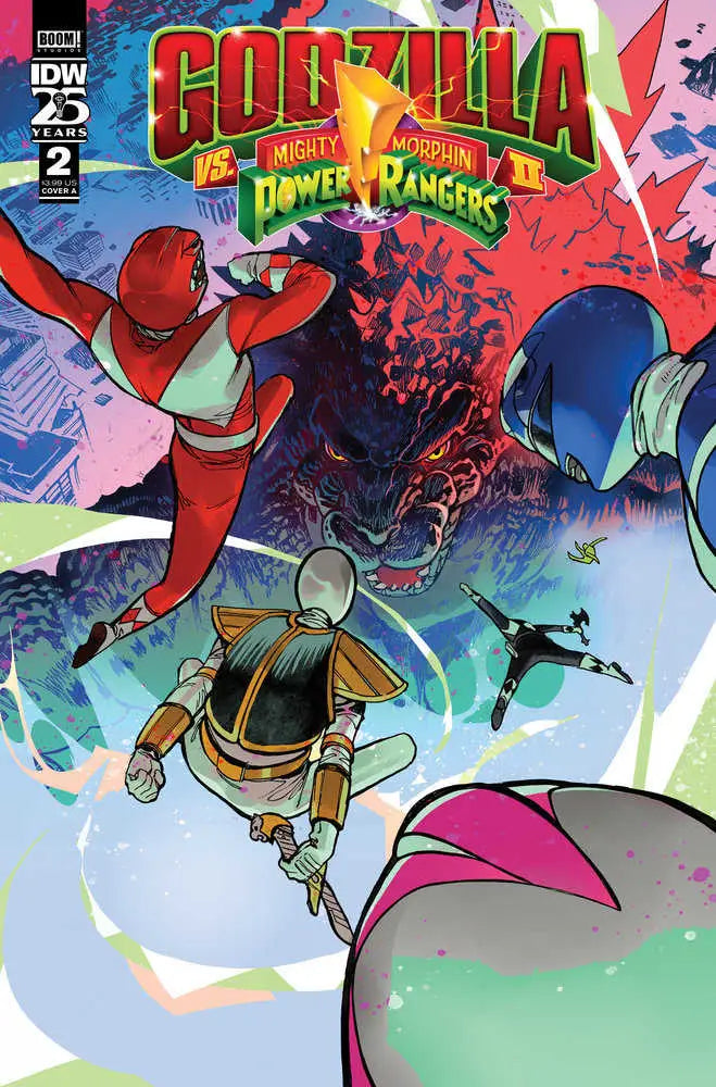 Comic book cover of Godzilla battling Mighty Morphin Power Rangers in action poses