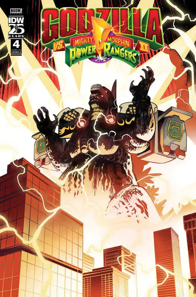 Godzilla rampages through a city on the Godzilla vs. The Mighty Morphin Power Rangers II cover