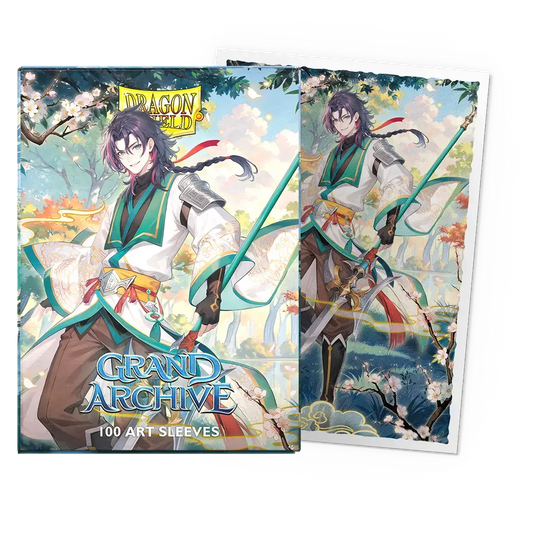 Dragon Shield art sleeves featuring Grand Archive character in green and brown attire