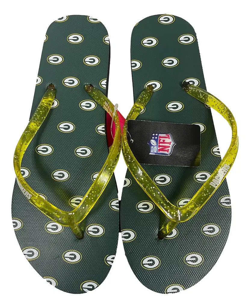 Green Bay Packers Women’s Glitter Thong Flip Flop Sandals with green and yellow design