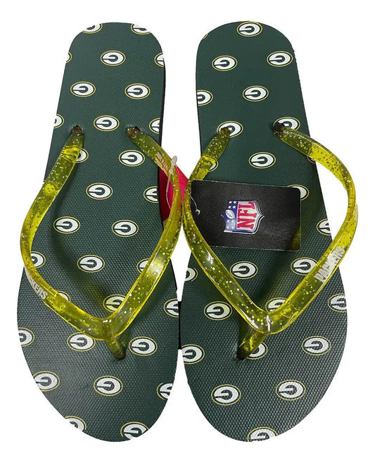 Green Bay Packers Women’s Glitter Thong Flip Flop Sandals with green and yellow design