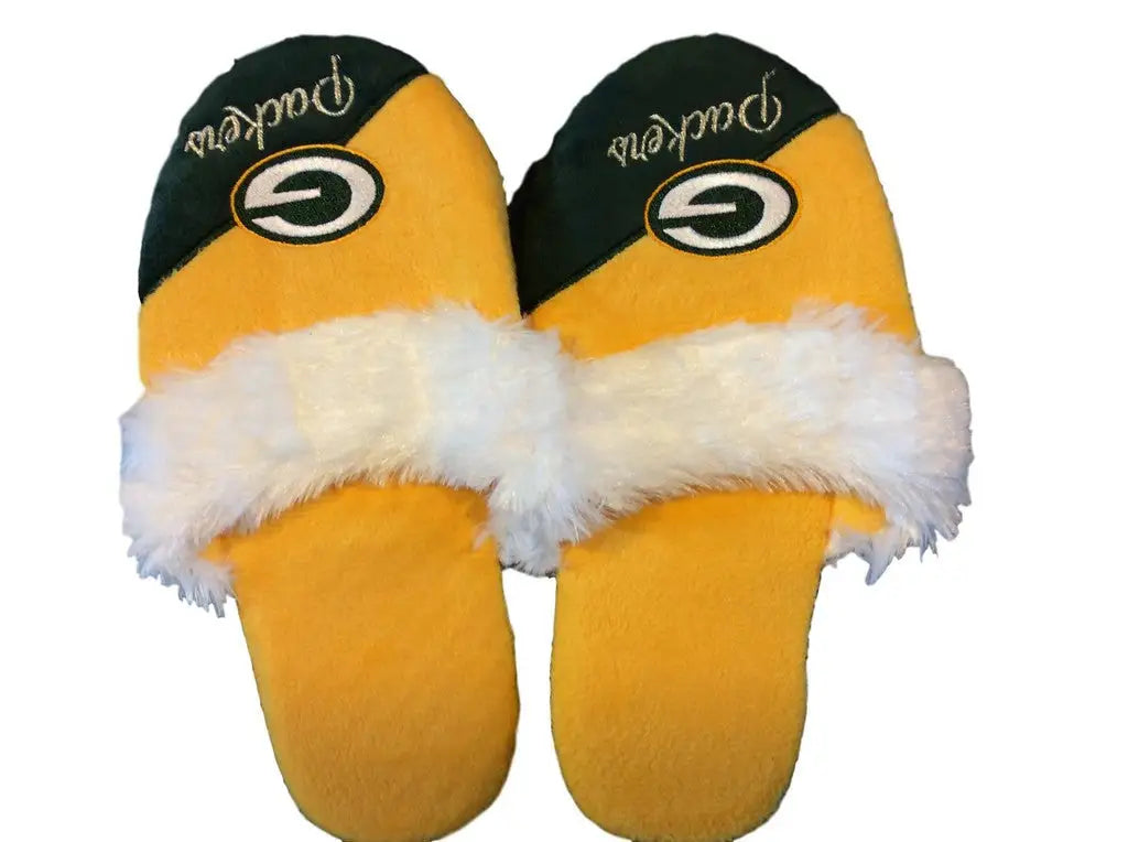 Green Bay Packers Women’s Cursive Colorblock Slippers with team logo, various shoe sizes