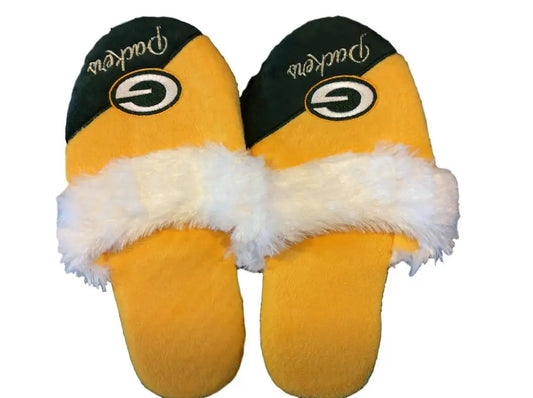 Green Bay Packers Women’s Cursive Colorblock Slippers with team logo, various shoe sizes