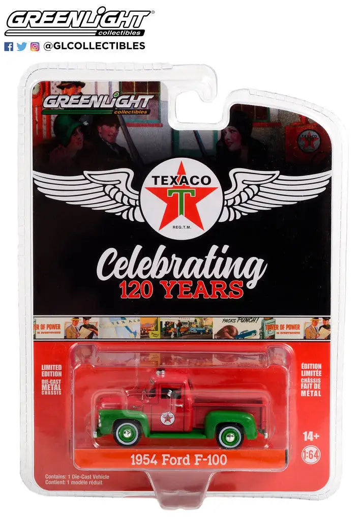 Miniature green 1956 Ford F-100 Texaco model from Greenlight Anniversary Series packaging