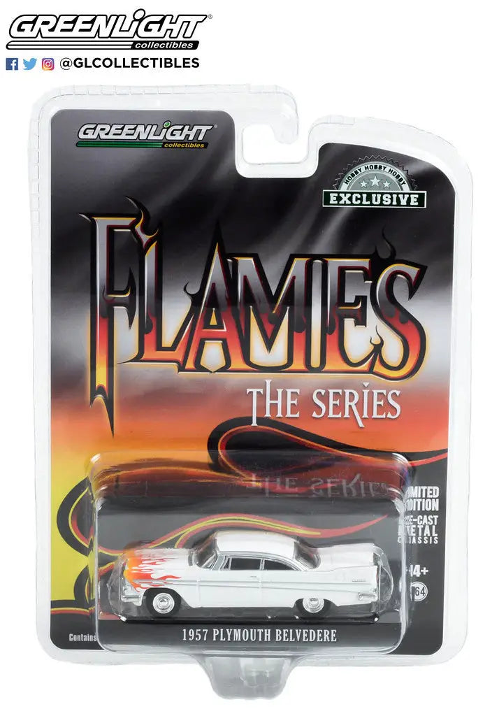 Packaged die-cast model of a 1957 Plymouth Belvedere from the Flames series by Greenlight Collectibles