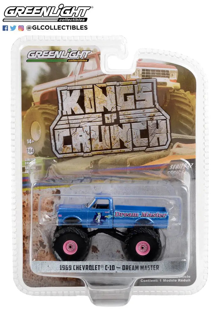 Die-cast model of a blue monster truck with pink wheels in Kings of Crunch packaging