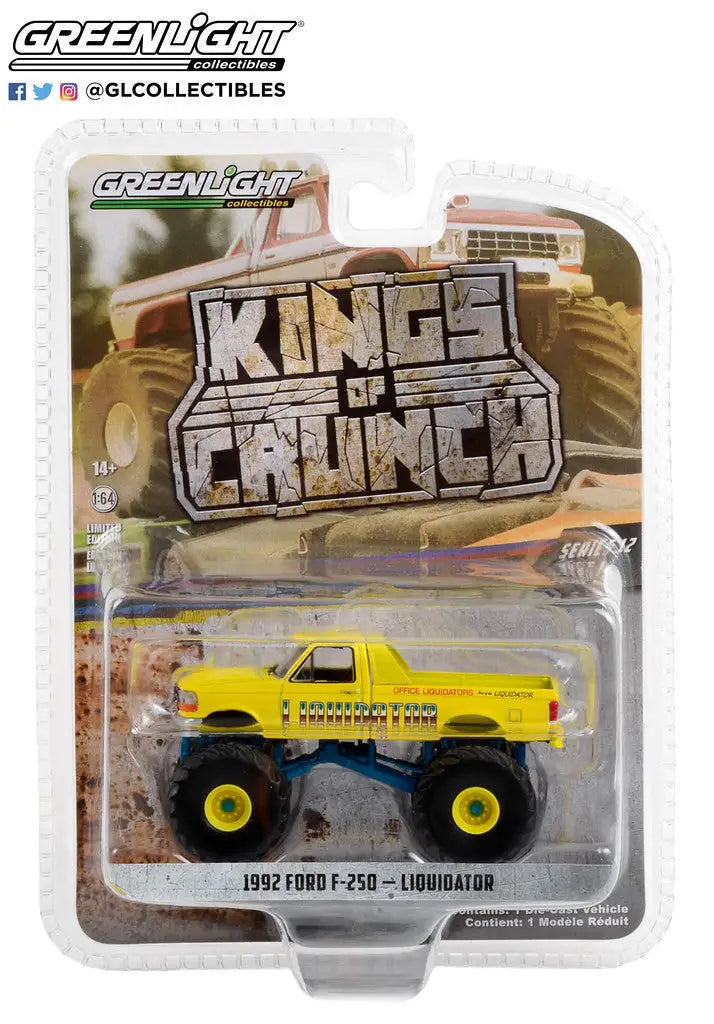 Yellow Ford F-250 Liquidator toy truck in packaging labeled Kings of Crunch