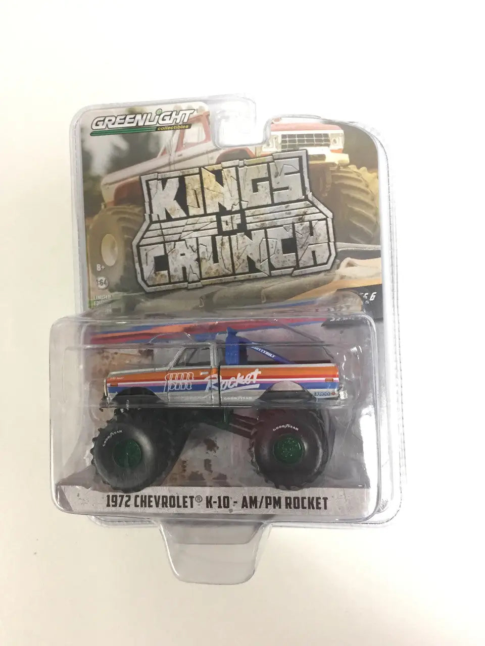 Packaged toy monster truck featuring Chevrolet K-10 design in Rocket Chase branding