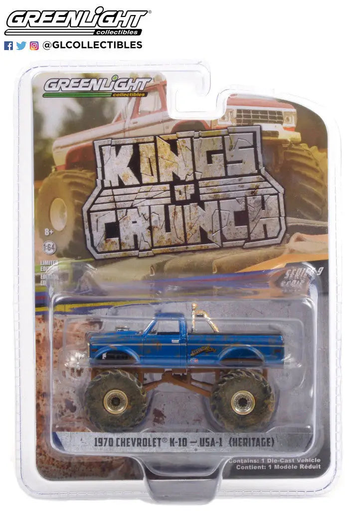 Die-cast blue 1970 Chevrolet K-10 monster truck in packaging for collectors of trading cards