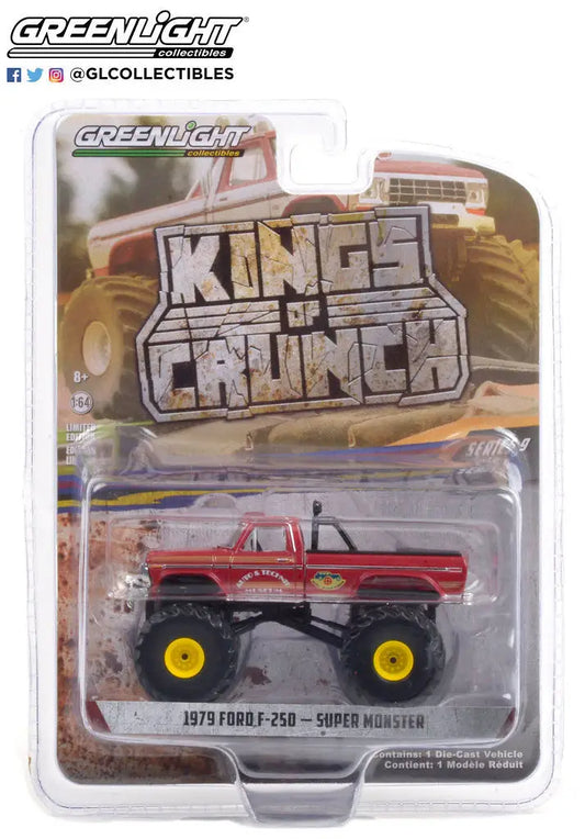 Red and black Ford F-250 Super Monster truck toy in Kings of Crunch packaging by Greenlight Collectibles