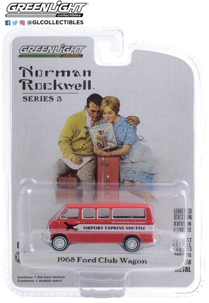 Red 1968 Ford Club Wagon die-cast model in packaging featuring Norman Rockwell Series artwork