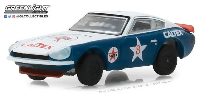 Vintage blue and white Datsun 240Z Caltex model from Running on Empty Series 5