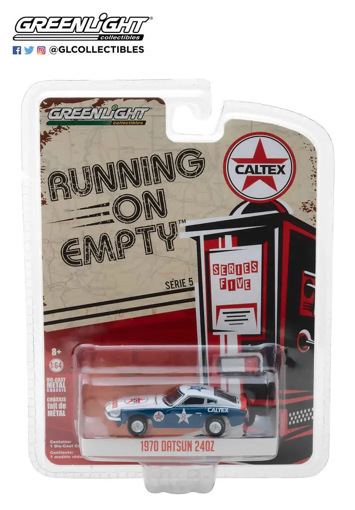 Packaged die-cast model of a Datsun 240Z Caltex from Running on Empty Series