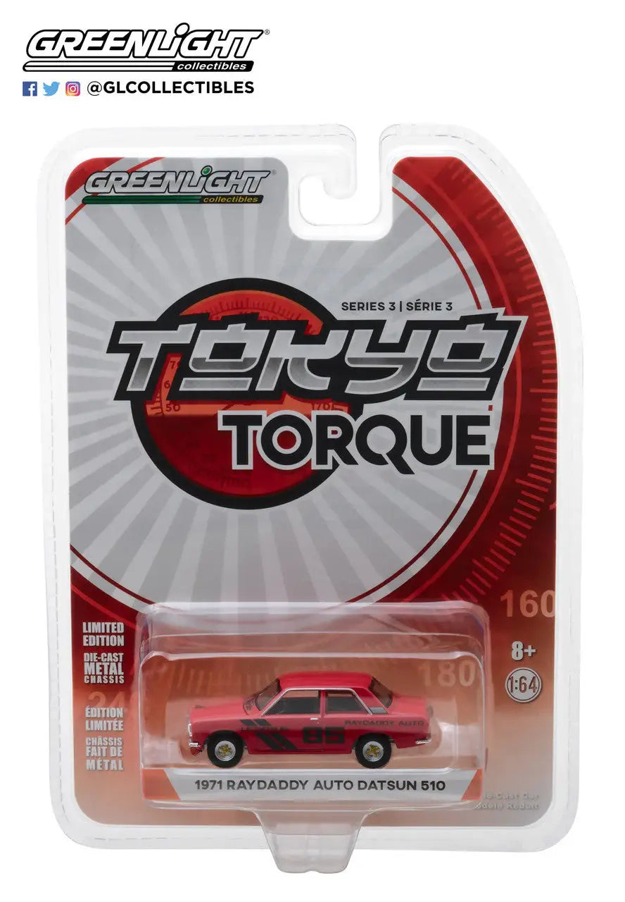 Die-cast model of a red 1971 Datsun 510 from Tokyo Torque by Greenlight Collectibles