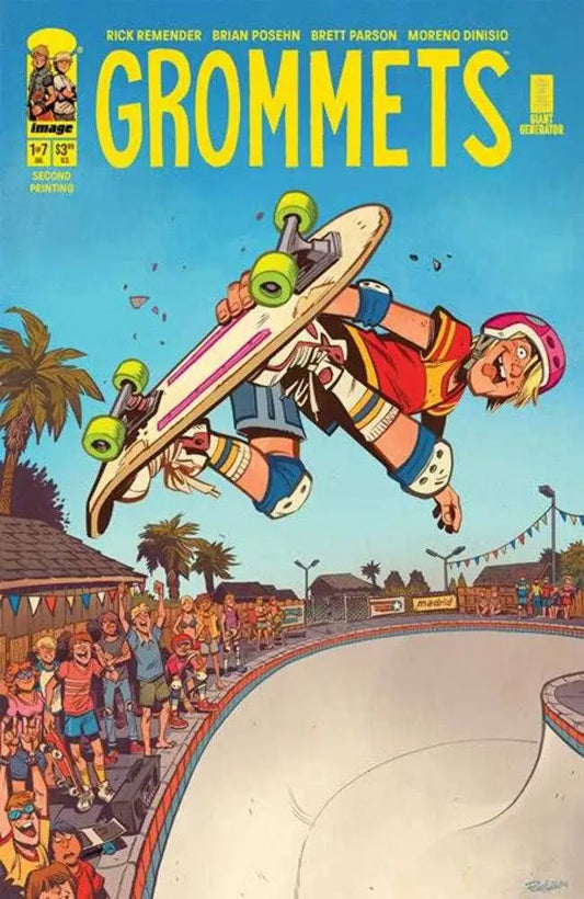 Comic book cover of Grommets #1 features a skateboarder over a ramp, ideal for trading cards