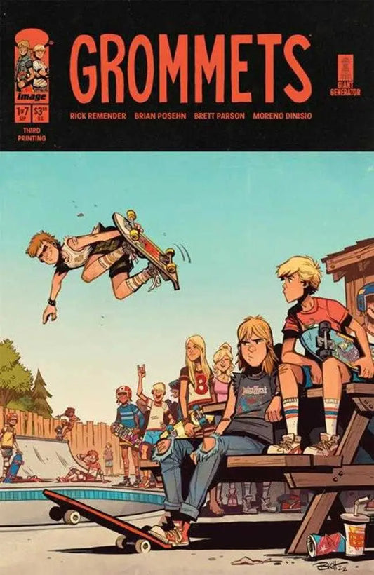 Comic book cover for Grommets #1 3rd Print featuring skateboarders at a skate park