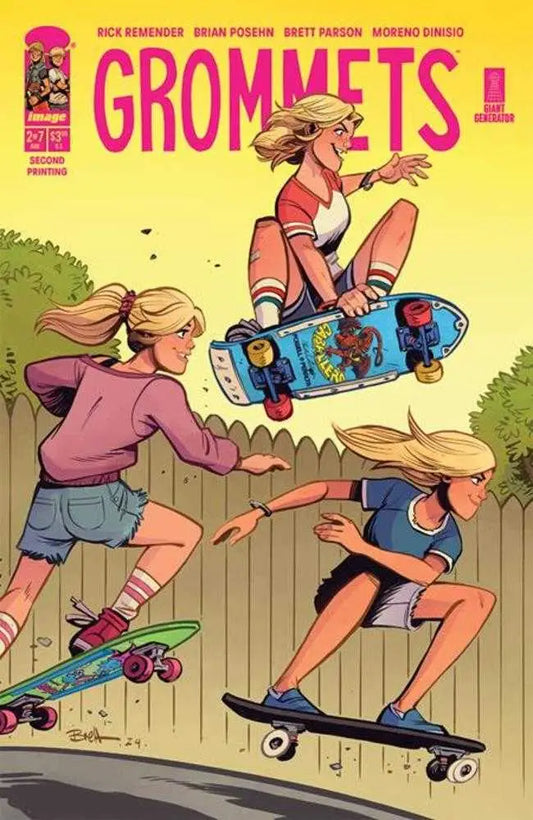 Comic book cover of Grommets #2 2nd Print featuring skateboarding teenagers over a fence