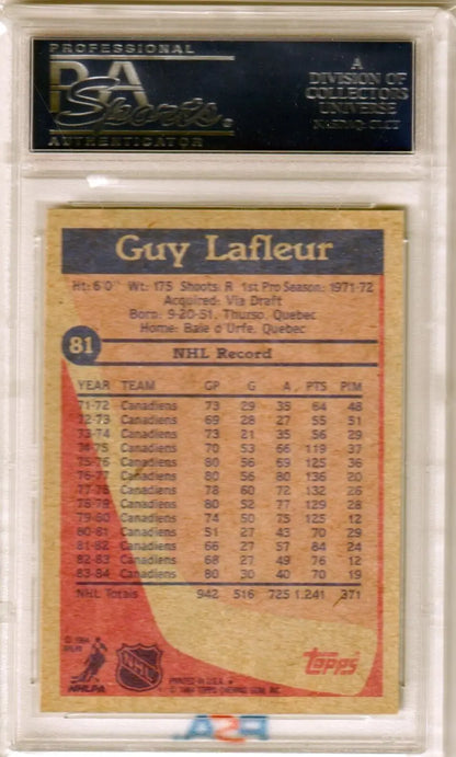 Hockey trading card GUY LAFLEUR 1984 Topps #81 with player stats in protective case