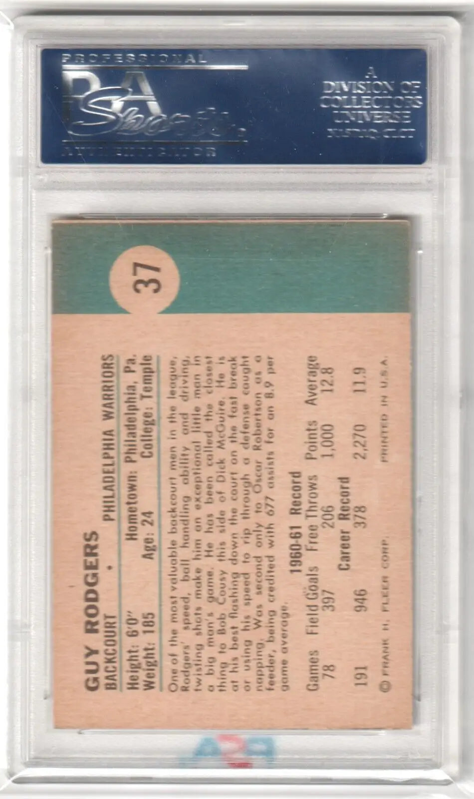 PSA-graded Guy Rodgers 1961 Fleer Basketball RC Rookie #37 in protective holder, Columbia hobby