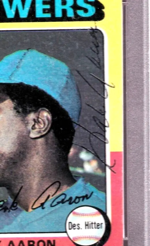 Hank Aaron 1975 Topps Mini Autograph featuring a player in a light blue cap