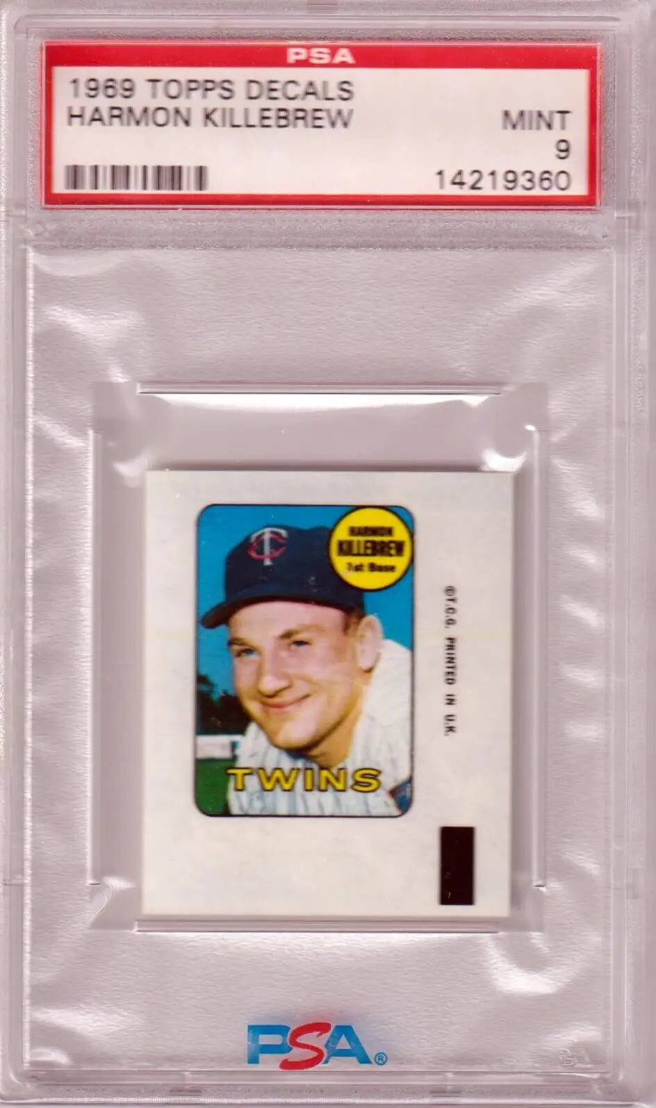 PSA-graded 1969 Topps Decals Harmon Killebrew baseball card in protective case for sale