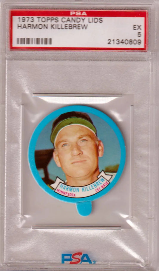 PSA-graded 1971 Topps Candy Lids Harmon Killebrew baseball card in protective case