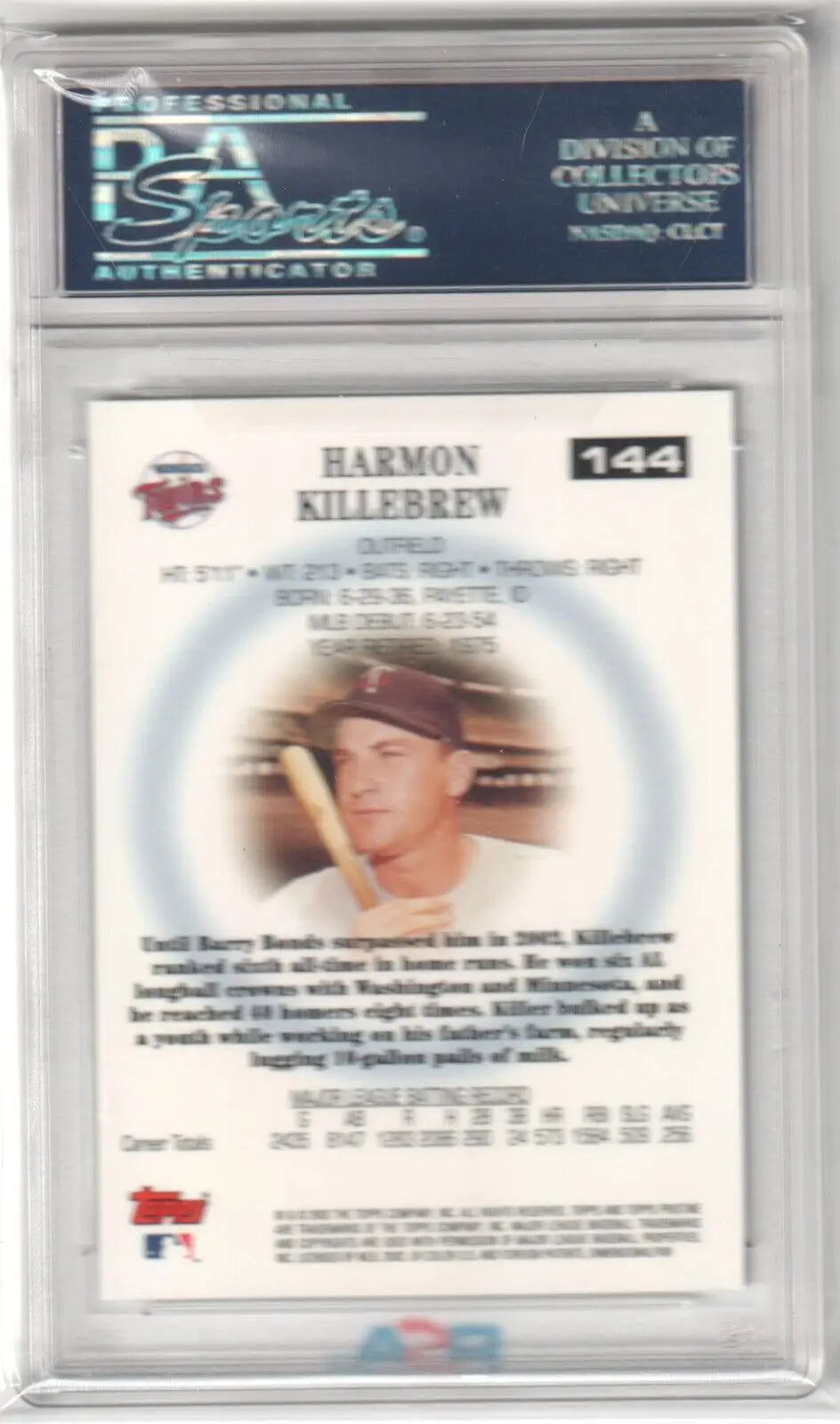 PSA-graded Harmon Killebrew 2002 Topps Pristine #144 baseball card with brown cap