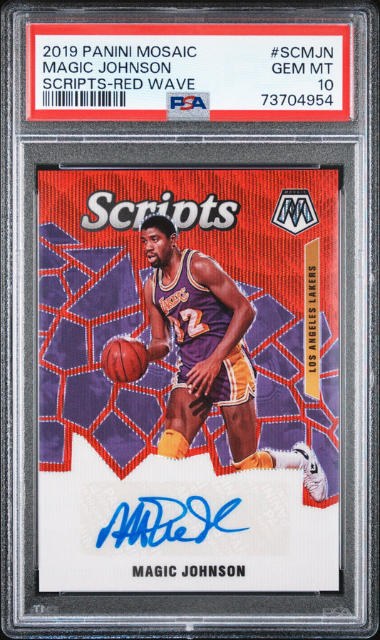 Magic Johnson 2019 Panini Mosaic Scripts Red Wave Auto PSA 10 Gem Mint basketball card