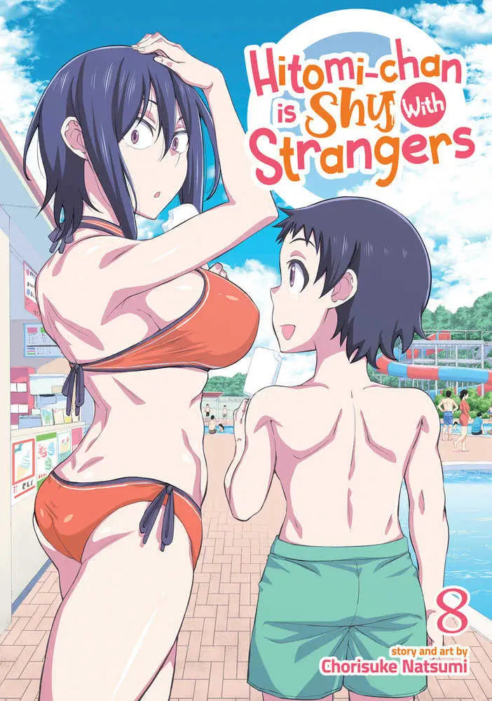 Book cover for Hitomi-chan is Shy with Strangers Volume 8 featuring anime characters at the beach