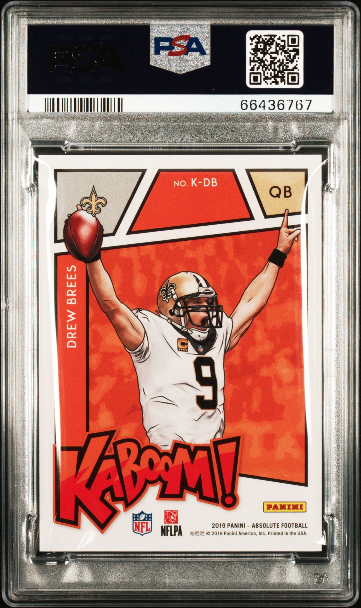 Drew Brees 2019 Panini Absolute Kaboom PSA 9 Mint card with celebratory KABOOM effect