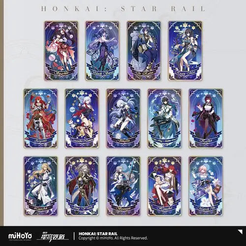 Anime-style character cards in ornate blue and purple frames from Honkai Star Rail