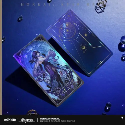 Holographic Honkai Star Rail trading cards with mystical designs on dark surface