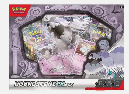 Pokemon TCG Houndstone EX Box featuring Ghost Dog Pokémon cards and promotional materials