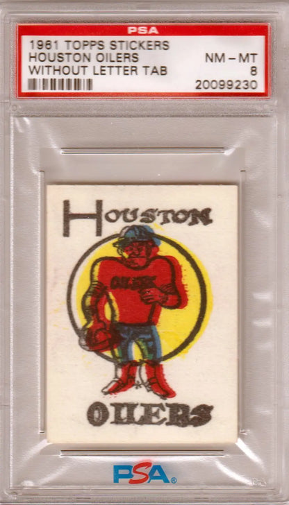 PSA-graded 1961 Topps Stickers Houston Oilers logo sticker with red player on yellow circle