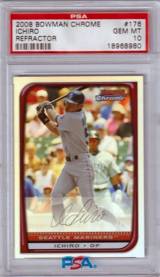 PSA-graded 2002 Bowman Chrome Refractor Baseball Card in protective case for ICHIRO 2008