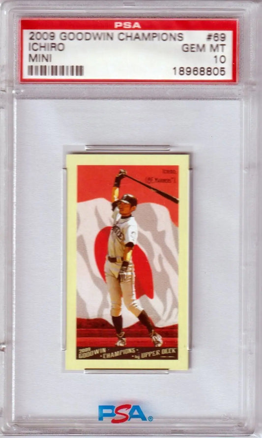 PSA-graded 2003 Goodwin Champions Ichiro Mini card in batting stance for single cards