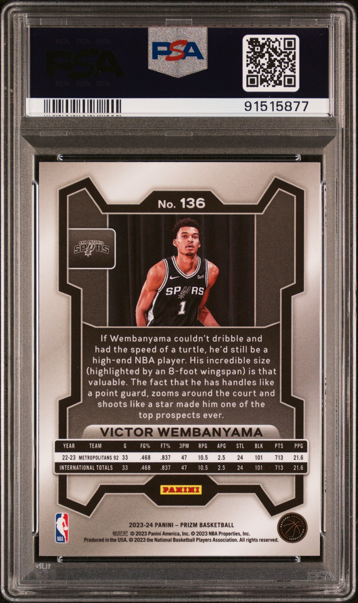 Victor Wembanyama 2023 Panini Prizm #136 PSA 10 Gem Mint basketball trading card