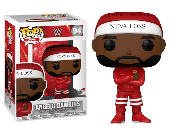 Funko Pop of Angelo Dawkins in red athletic gear with a ’NEVA LOSS’ headband