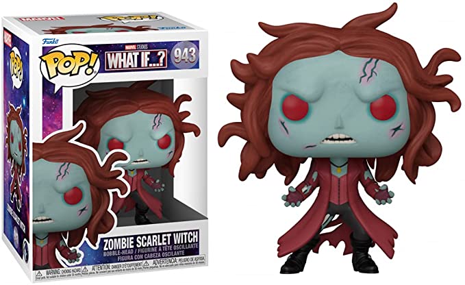 Zombie Scarlett Witch Funko Pop figure with red eyes and brown hair in dark red outfit