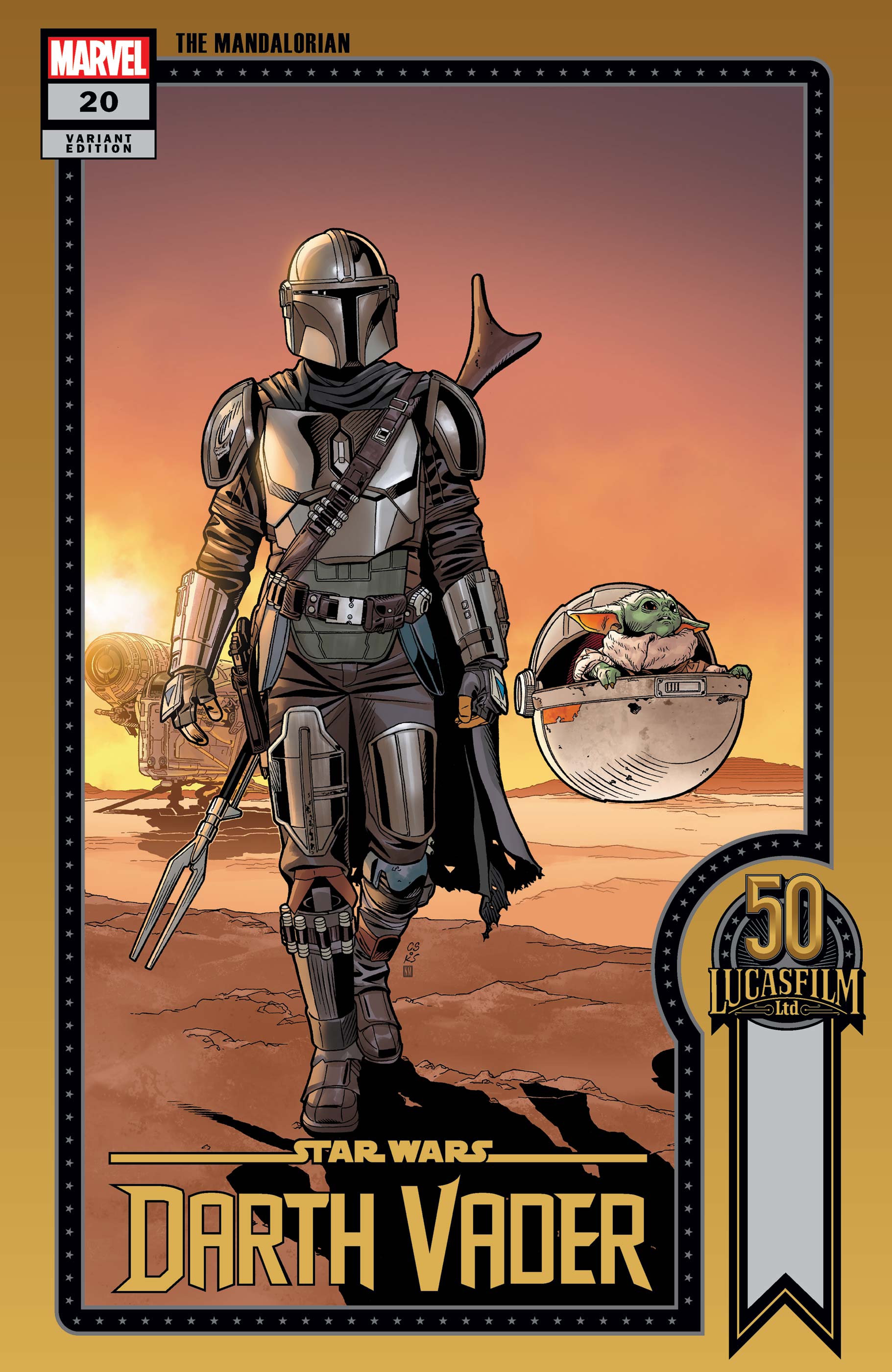 Mandalorian warrior in beskar armor with Grogu in floating pod from Marvel Comics Crimson Reign